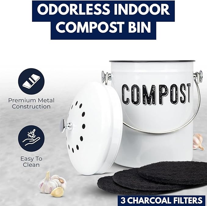 Granrosi Countertop Compost Bin Kitchen - 1.3 Gal Indoor Compost Bucket with Lid for Kitchen, Farmhouse Rust Proof & Odorless Composter Bin for Countertop, 3 Charcoal Filters