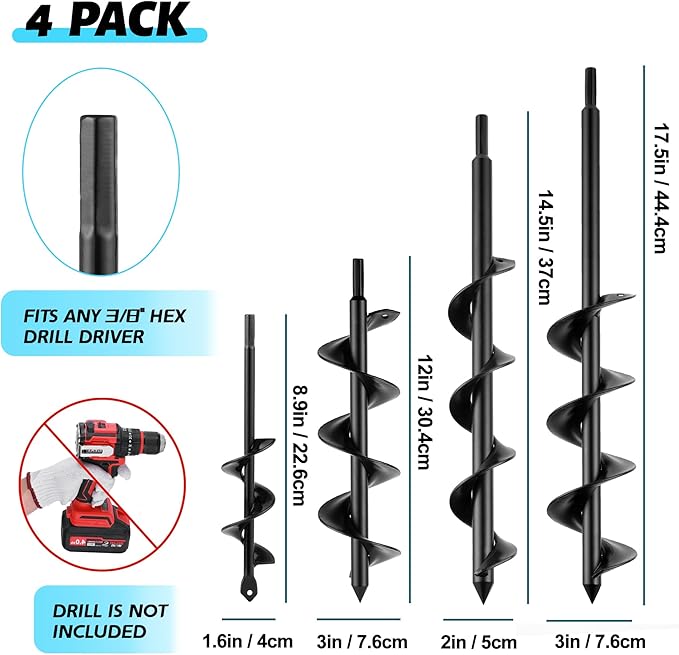 ERYTLLY Bulb Planter, Auger Spiral, 1.6 * 9+3 * 12+2 * 14.5+3 * 17.5 inch Garden Planter Tool 4 Sets,Rapid Umbrella Hole Digger for Planting Bulb Seedlings Bedding Tulips, and Digging Weeds Roots