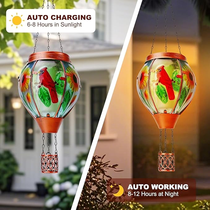 Solar Hot Air Balloon Lantern with Flame, Cardinal Glass Solar Hanging Lights Outdoor Yard Patio Farmhouse Decoration, Cardinal Gifts for Women Grandma Mom(4 Pack)
