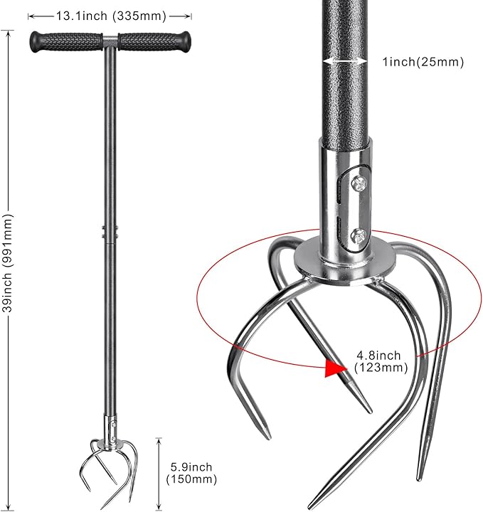 Dolibest Manual Twist Tiller, All-Steel Garden Claw Cultivator with 4 Curved Claws and Soft Rubber Handle, Hand Tiller Garden Claw for Gardening Bed and Plant Box (39'')