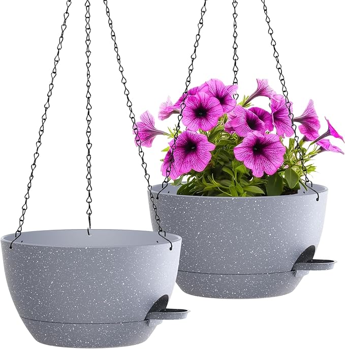 WOUSIWER Self Watering Hanging Planters, 2 Pack 12'' Plastic Pots with Drainage Holes & Reservoir Tray (Speckled Grey) | Indoor & Outdoor Use for Ferns, Ivy, Herbs, Succulents