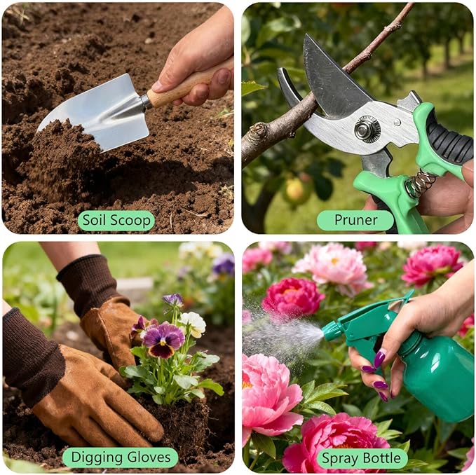 10-Piece Premium Gardening Tools Set-Duty Stainless Steel Rust-Proof Tools with Storage Tote,Perfect Gardening Gifts,Gardening Supplies Set with Hygrometer Suitable for Both Men and Women(Green)