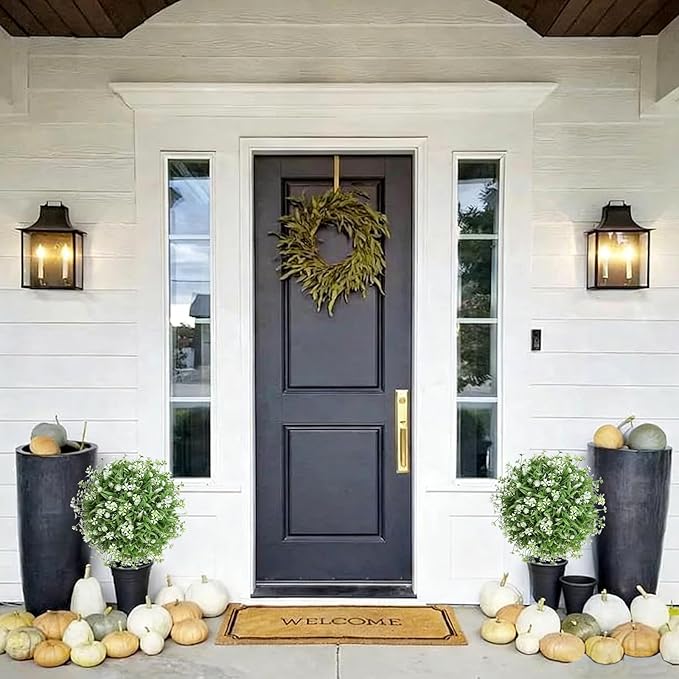 Set of 2 Artificial Boxwood Topiary Ball with Flowers with Ground Spike, 22" Outdoors Faux Boxwood Greenery Shrubs , Realistic Fake Plants Bushes for Front Porch Yard Patio Garden Indoor Decor (White)