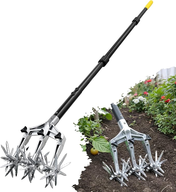 Colwelt Rotary Cultivator Garden Tool 61’’, Hand Tiller Garden Tool with Detachable Aluminum Tines, Cultivators for Gardening Soil or Reseeding Grass, Manual Cultivators & Tillers for Flowers Beds