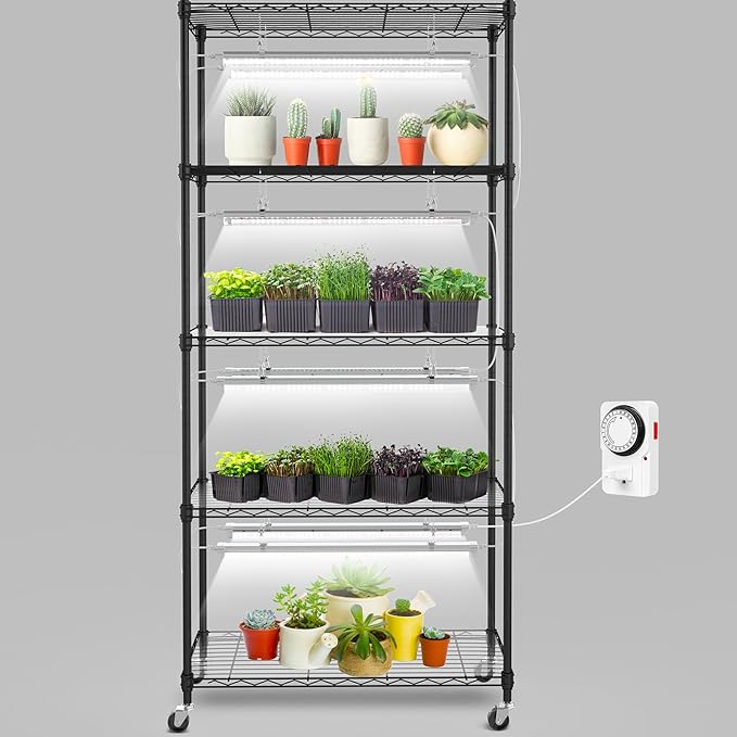 SOLIGT Plant Shelf with Grow Lights, 5 Tier Grow Light Stand Rack with 8 Pack 2FT 6000K T8 Full Spectrum Led Grow Lights for Indoor Plants, Seed Starting, Seedling Growing, Timer Included