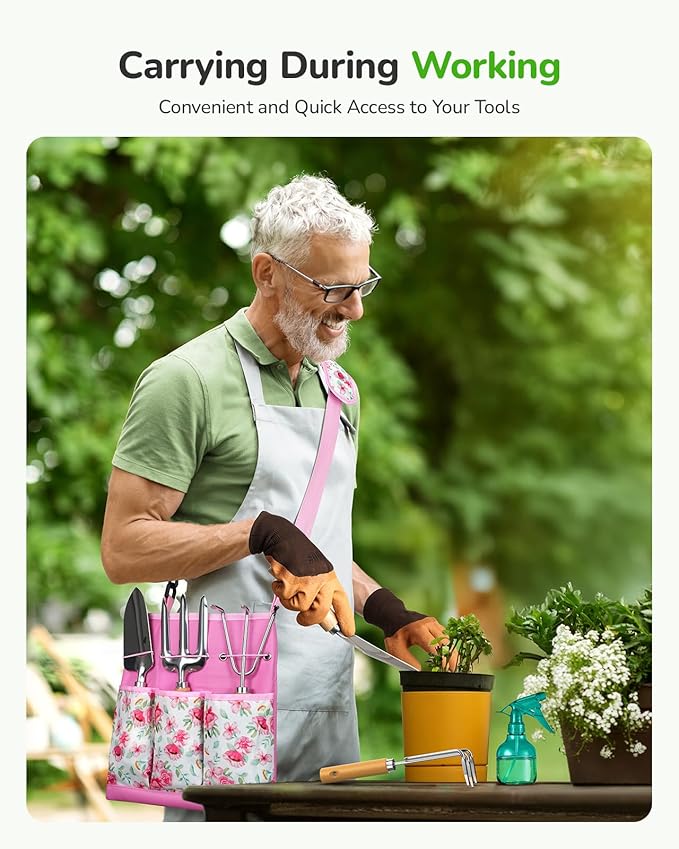 All-in-One Garden Tool Set, 11-Piece Heavy Duty Gardening Tools with Ergonomic Canvas Shoulder Crossbody Bag, Rust-Proof Premium Garden Tool Kit, Gardening Gift for Women Men (Pink)