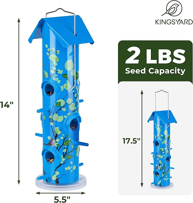 Kingsyard Metal Bird Feeders for Outdoors Hanging, 6-Ports Tube Bird Feeder, 14 inch, Durable & Weatherproof, Large Capacity for Attracting Wild Birds (Blue)