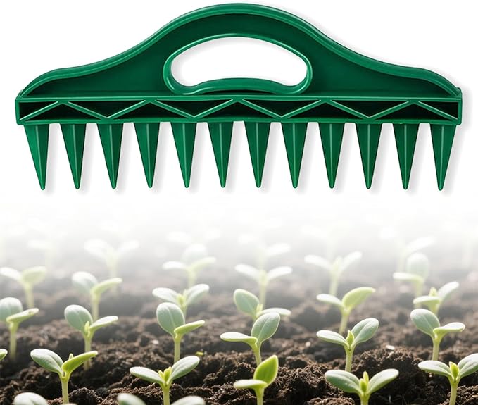 12-Hole Seed Planter Tool for Raised Beds & Pots - Fixed-Spacing Garden Dibber, Hand-Depth Control (Solid 190g)