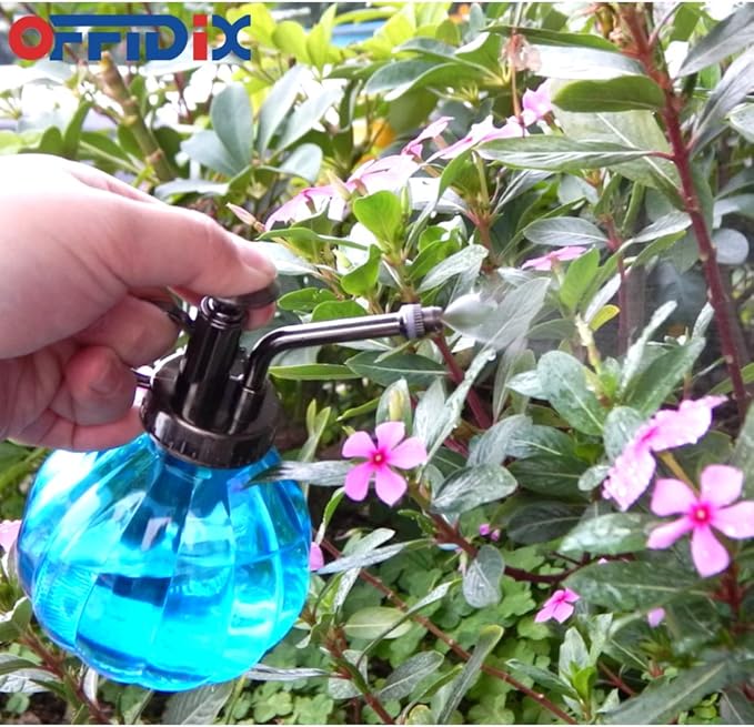 OFFIDIX Glass Watering Spray Bottle, 6.3" Tall Vintage Style with Bronze Plastic Top Pump One Hand Watering Can Spray Bottle (Light Blue)