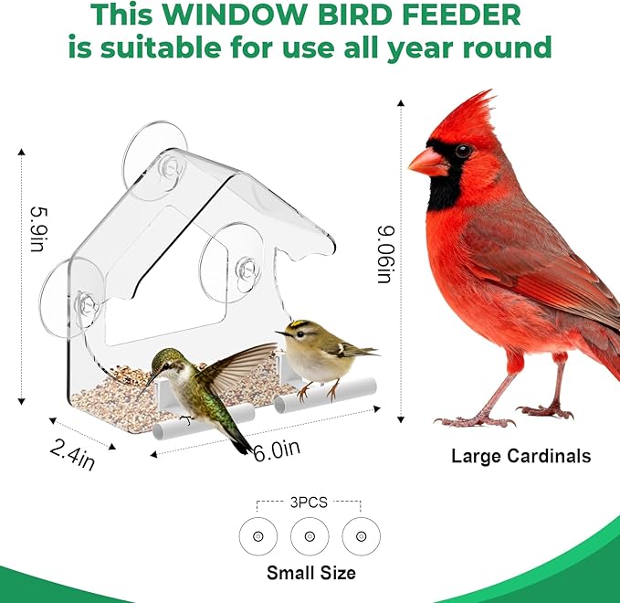 Clear Window Bird Feeder for Outside - Strongest Suction Cups 360° View Acrylic Design, Easy Fill & Clean Removable Tray-Perfect Christmasfor Gifts Bird Lovers, Kids, Grandparents,Cat Owners