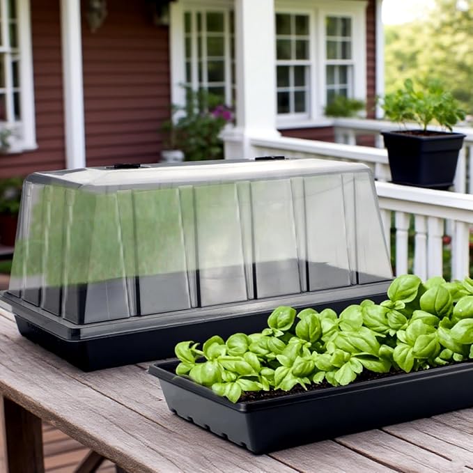 4-Pack 1020 Seed Starter Trays with 7.3'' Humidity Domes & 2-Pack Heat Mats – Heavy-Duty Seedling Trays with Adjustable Domes & Waterproof Heating Mats for Optimal Germination & Cloning Propagation