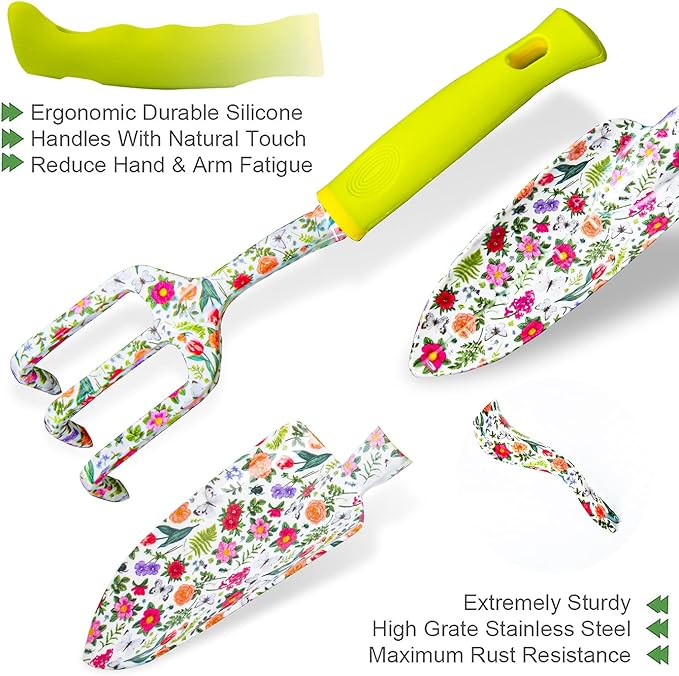 Garden Tool Set 9 Piece Heavy Duty Aluminum Gardening Hand Tools Kit Cute Gardening Supplies with Non-Slip Rubber Grip Gift for Women/Parent