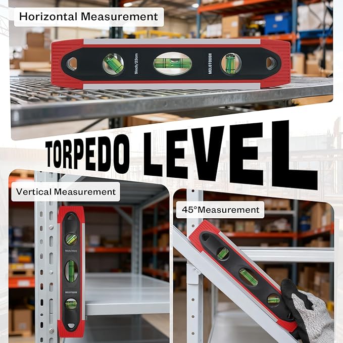 MELOTOUGH 9 Inch Torpedo Level Magnetic,Small Leveler Tool,Spirit Level with 45/90/180 Bubbles,V-Groove,Shock Resistant Leveler,Red(2PCS)