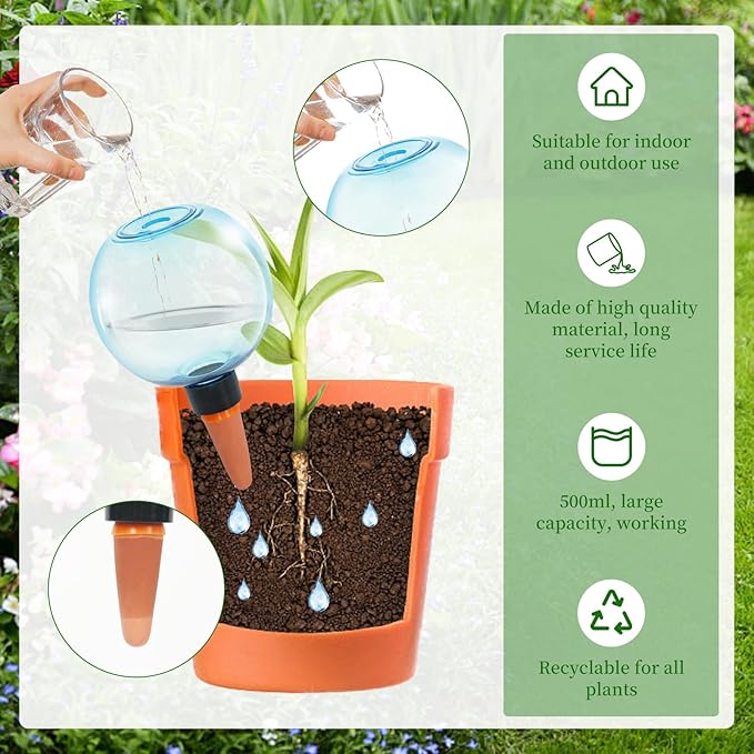 3pcs Large Plant Self Watering Globes, 17.5 oz Plastic Water Bulbs Top Fill, Plant Watering Devices System Slow Release Terracotta, Water Spikes Stakes for Indoor(3pack)