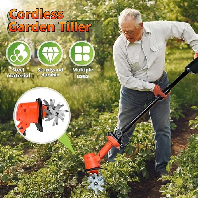 21V Cordless Mini Tiller Cultivator, 2025 New 4 Inch Hand Held Tiller Garden tool-235RPM with 4 Rows of Tines, Gardening with 1.5Ah Battery and Charger (1*Set+1*Battery)