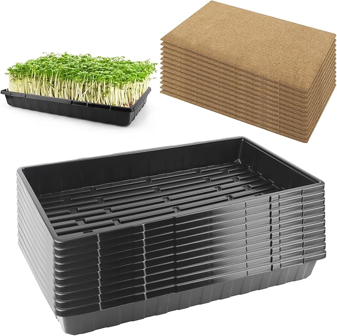 10 Pack 1020 Seed Starting Trays with 12 Hemp Grow Mats - Extra Thick Microgreens Growing Kit, 21 x 11 x 2.5 Inch Plant Trays with Hydroponic Grow Pads for Wheatgrass, Sprouts, Organic Gardening