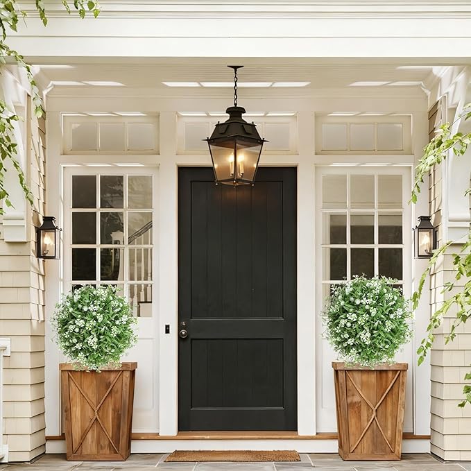 Set of 2 Artificial Boxwood Topiary Ball with Flowers with Ground Spike, 22" Outdoors Faux Boxwood Greenery Shrubs , Realistic Fake Plants Bushes for Front Porch Yard Patio Garden Indoor Decor (White)