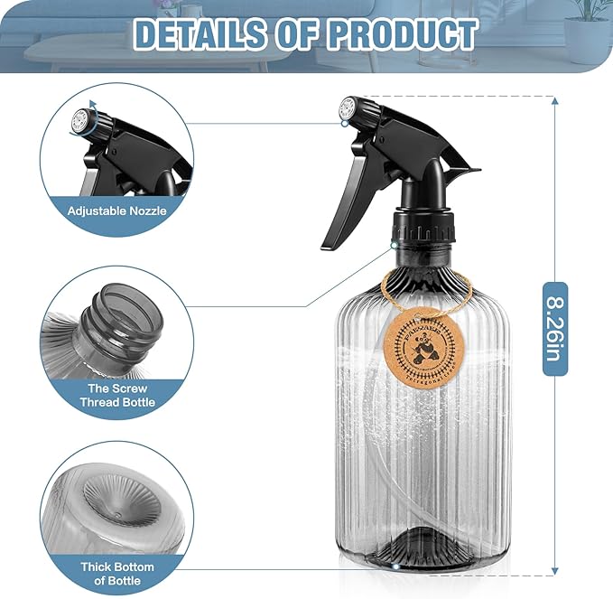 2 Pcs Spray Bottles, 18 oz Empty Water Spray Bottles, Plastic Reusable Adjustable Mist Sprayer Squirt Bottles Containers Refillable for Cleaning Solutions, Gardening, Plants