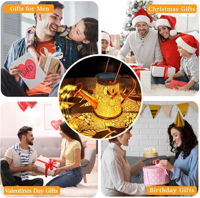 Solar Watering Can Lights, Hummingbird Gifts for Christmas Women Mom Grandma Birthday, Waterproof Outdoor Garden Decor Large Hanging Solar Lanterns Garden Lights for Patio Porch Yard Flowerbed Pathway