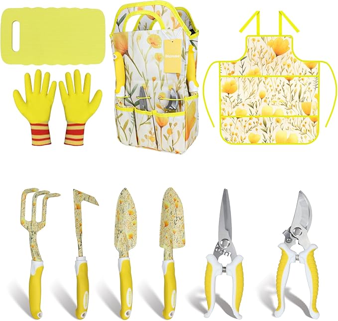 10-Piece Yellow Gardening Tools, Thanksgiving/Christmas/White Elephant Gifts for Women Adults, Birthday Gardening Gifts for Mom Grandma Gardener Wife, Floral Garden Tool Sets with Garden Tote