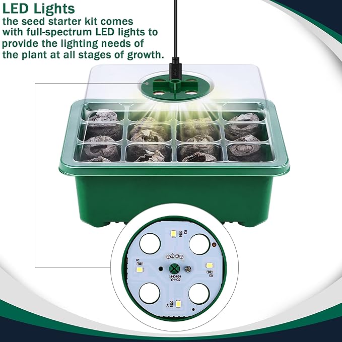 6 Pack Seed Starter Tray Kit with Grow Light and Humidity Dome Germination Trays, 72 Peat Pellets, Plant Labels, Gardening Tools, Green, Modern Style, 7.3 x 5.7 x 4.5 inches