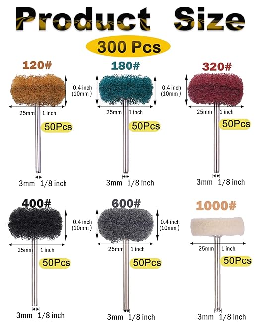 Rocaris 300 Pack Abrasive Wheels, 1“ Abrasive Buffing Polishing Wheels Burr for Rotary Tools-1/8 Shank, for Bulk Pruchase