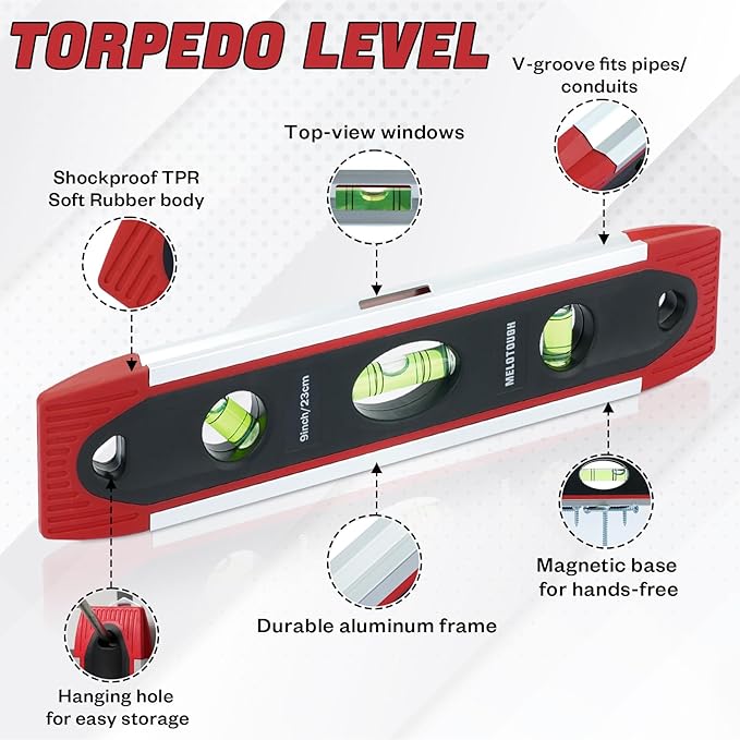 MELOTOUGH 9 Inch Torpedo Level Magnetic,Small Leveler Tool,Spirit Level with 45/90/180 Bubbles,V-Groove,Shock Resistant Leveler,Red