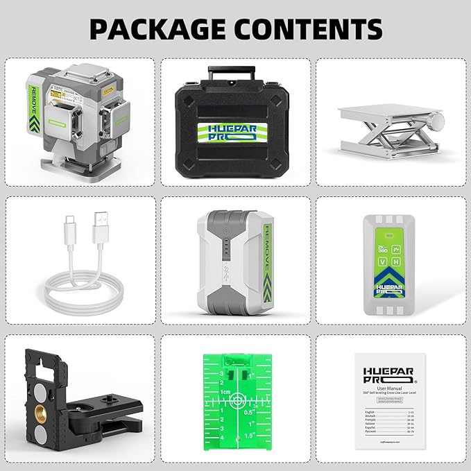 Huepar Pro Laser Level, 3x360° Self Leveling Green Tiling Level Laser Tool, 3D Cross Line Laser Level Tool, High Accuracy Floor Laser with 8000mAh Li-ion Battery, Remote Control & Hard Carry Case