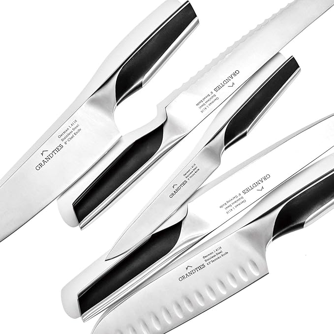 GRANDTIES 7-Piece Professional Kitchen Knife Set with Block, Kitchen Knives Sharpener | High Carbon German Stainless Steel, Ultra Sharp Chef Knife Set, Ergonomic Handle, Paring Knife, Carving