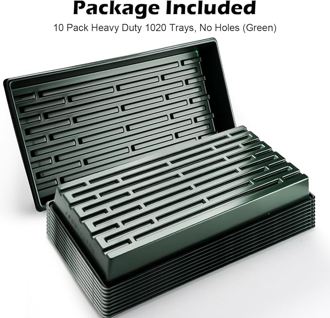 10 Pack 1020 Trays No Holes-Reusable Nursery Flats for 50/72 Cell Plug Tray, Heavy Duty Seed Starter Trays for Transplant, Seed Starting, Plant Propagation & Seed Germination (Dark Green)