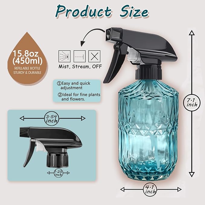 Glass Plant Mister Bottle, 15oz Refillable Water Bottle Spray, Handheld Water Spray Bottle with Reusable Adjustable Mist Nozzle for Indoor Flowers, Outdoor Gardening, Cleaning, Hair & Pets Care (Blue)