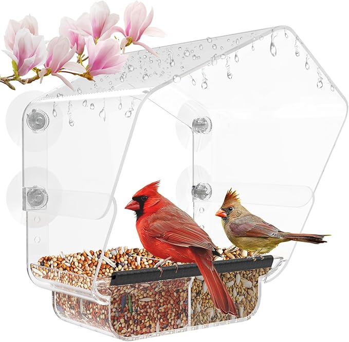 Ermete Window Bird Feeder with Strong Suction Cups, Large View Clear Feeder, Seed Tray, 13in x 5.5in x 4.2in for Outside Weather Proof (S2)