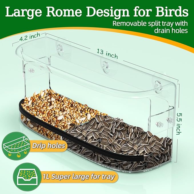 Ermete Window Bird Feeder with Strong Suction Cups, Large View Clear Feeder, Seed Tray, 13in x 5.5in x 4.2in for Outside Weather Proof (Style 1)
