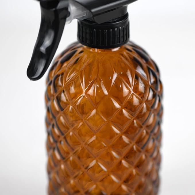 12Oz Glass Plant Spray Bottle, Gem Pattern Glass Sprayer, Watering Can with Black Plastic Top Pump, Handheld Watering Can for Indoor Outdoor Potted Plants and Greenery (Amber)