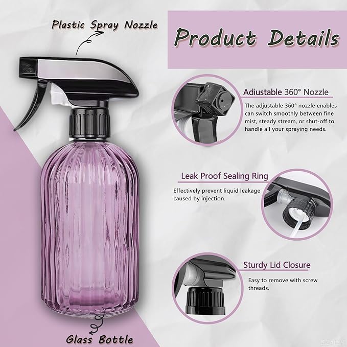 Glass Plant Mister Bottle, 15oz Refillable Water Bottle Spray, Handheld Water Spray Bottle with Adjustable Mist Nozzle for Indoor Flowers, Outdoor Gardening, Cleaning, Hair & Pets Care (Purple)
