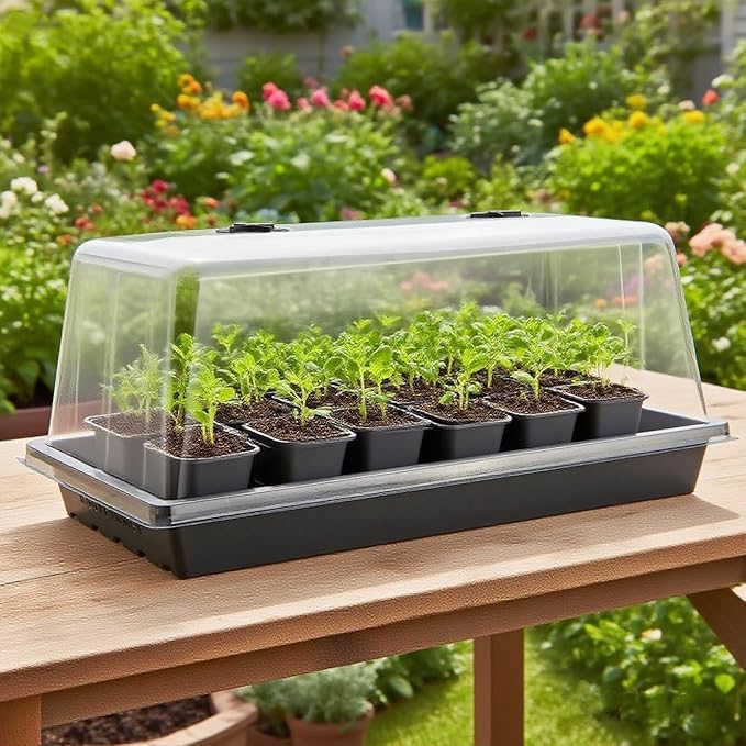4-Pack 1020 Seed Starter Trays with 7.3'' Humidity Domes & 2-Pack Heat Mats – Heavy-Duty Seedling Trays with Adjustable Domes & Waterproof Heating Mats for Optimal Germination & Cloning Propagation