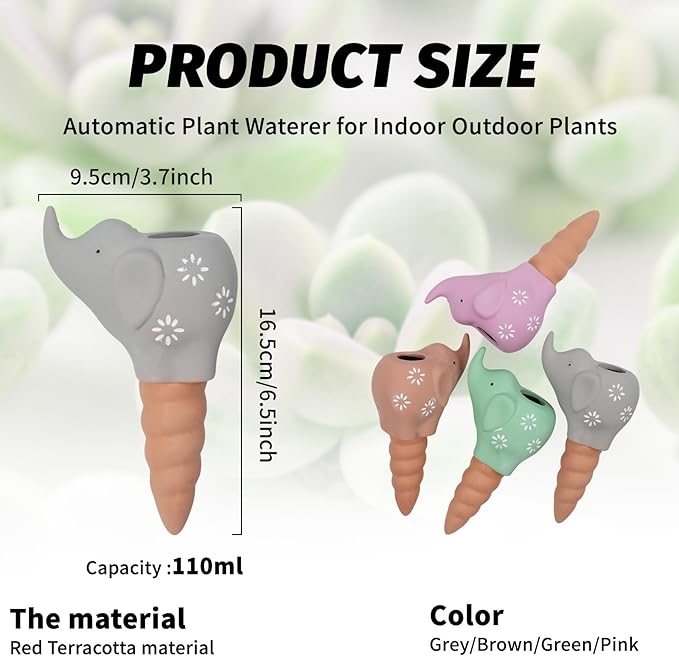 Plant Watering Devices, Elephant Shape Terracotta Watering Spikes, Vacation Self Watering Planter Insert, Small Plant Watering Globes for Indoor Outdoor Plants, 4 Pack