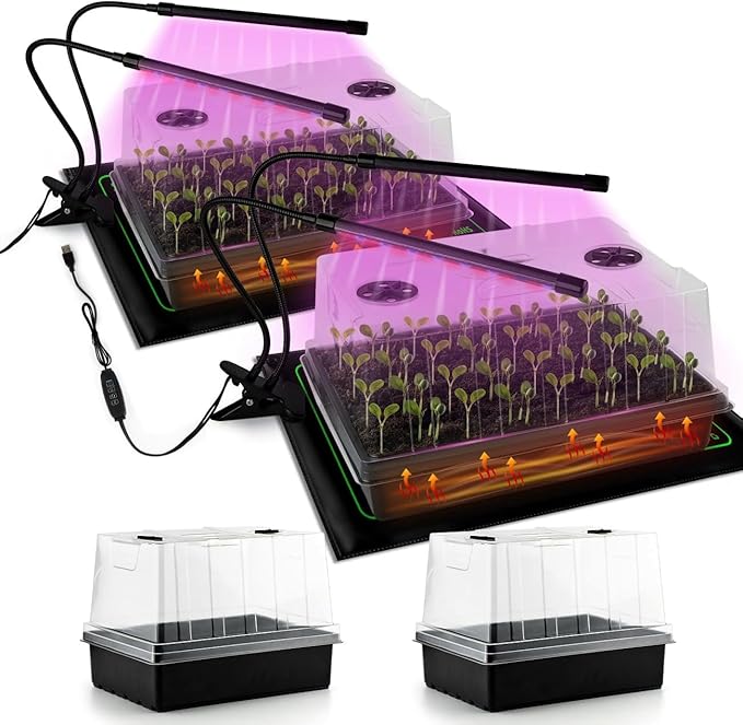 Seed Starter Trays with LED Lights and Heat Mat - 4p Seedling trays with 5" Higher Humidity Domes, 2p Flexible Grow Lights and 2p Constant Temperature Heating Mats, Propagation Tray for Planting Seed