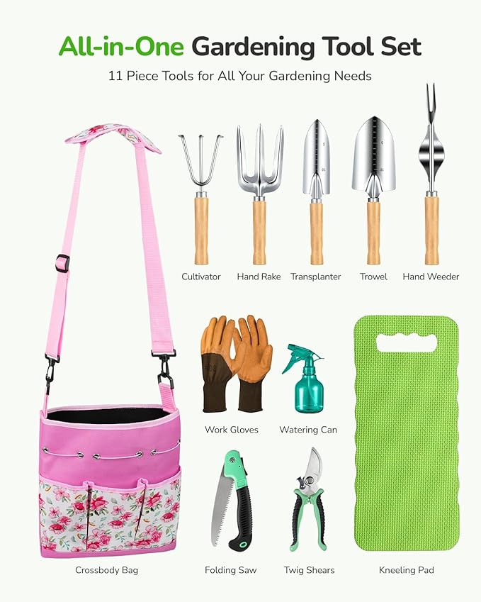 All-in-One Garden Tool Set, 11-Piece Heavy Duty Gardening Tools with Ergonomic Canvas Shoulder Crossbody Bag, Rust-Proof Premium Garden Tool Kit, Gardening Gift for Women Men (Pink)