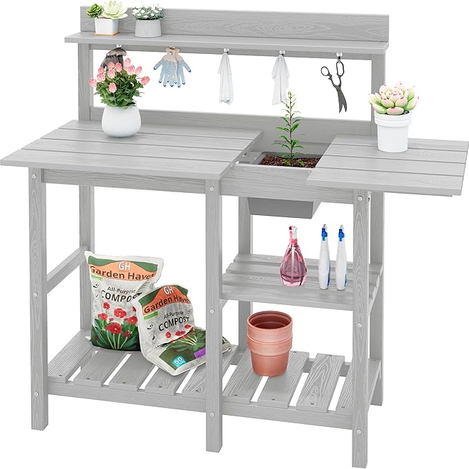 SERWALL Outdoor Potting Bench with Removeable Sink,Rot-Resistant HDPE Potting Table for Outside Gardening, All Weather Use - Spanish Gray