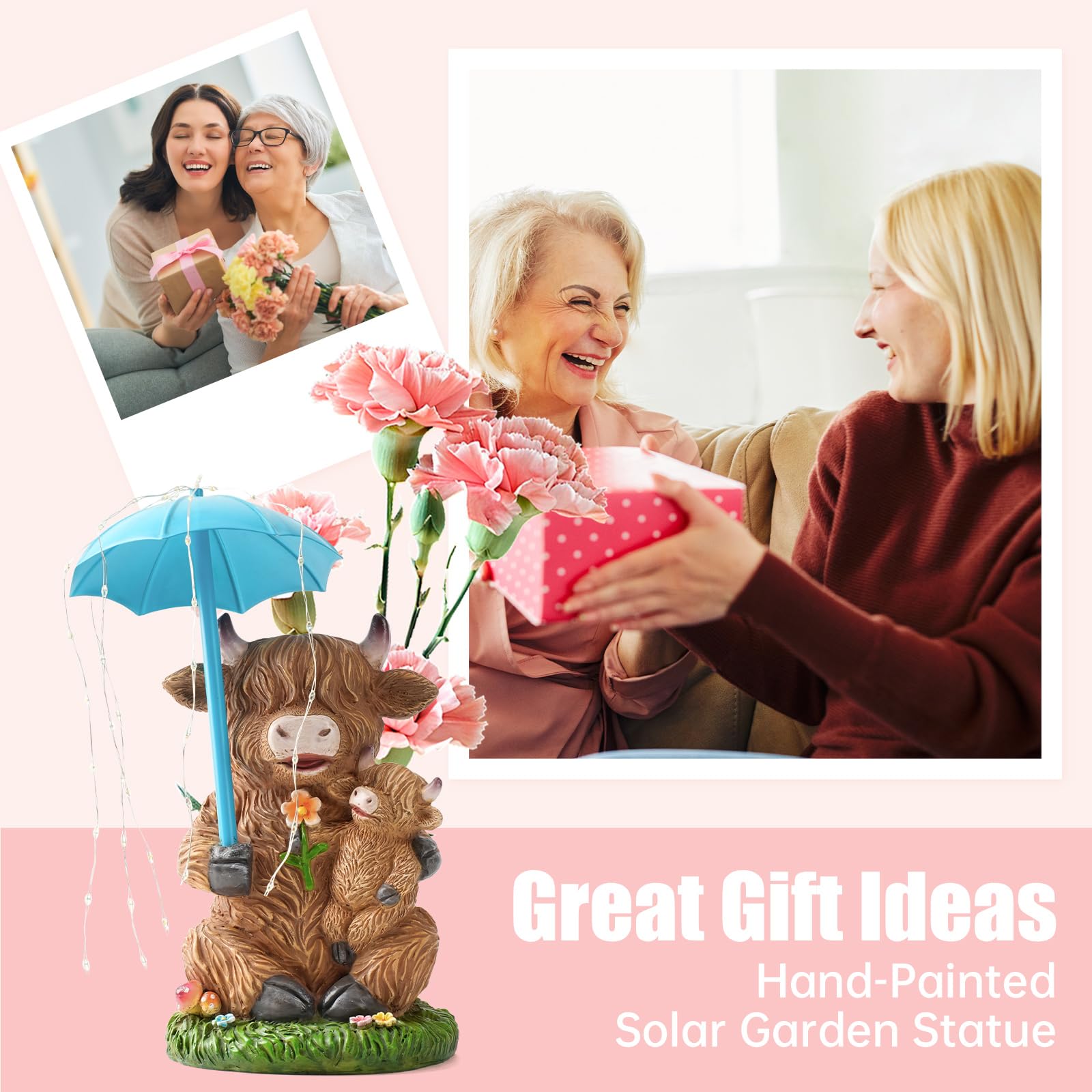 Joint Honglin Solar Garden Statues Resin Loving Highland Cow Umbrella Lights Outdoor Decor Gifts for Yard, Patio Decorations