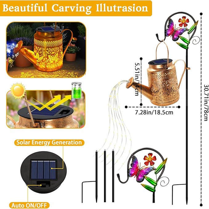 Butterfly Solar Lights Outdoor Waterproof, Solar Watering Can Lights with Shepherd Hook, Metal Hanging Lantern Garden Decor Yard Outside Patio Lawn, Gifts for Mom Grandma Women Birthday