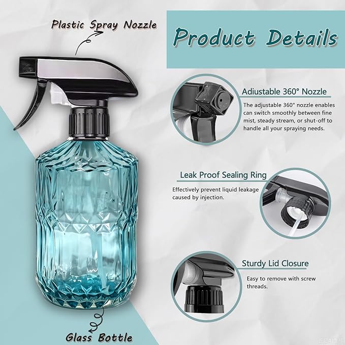 Glass Plant Mister Bottle, 15oz Refillable Water Bottle Spray, Handheld Water Spray Bottle with Reusable Adjustable Mist Nozzle for Indoor Flowers, Outdoor Gardening, Cleaning, Hair & Pets Care (Blue)