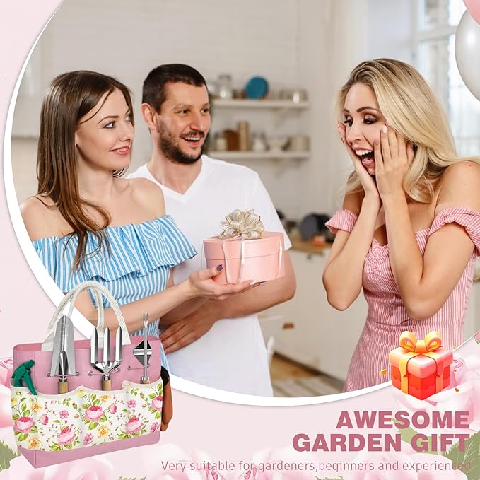 22PCS Garden Tools Set for Women,Heavy Duty Hand Tool Kit Included Handy Tote Bag/Trowel/Repotting Mat/Rake/Pruner/Gloves/Plant Tags,Garden Supplies Gardening Gifts for Beginner Mom-Pink