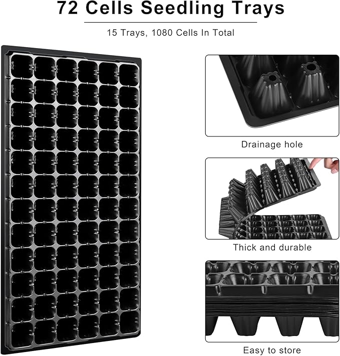 Elcoho 15 Pack Seed Starter Trays 72 Cells Seedling Trays Kit with 1080 Cells Plant Nursery Pots Plastic Plant Grow Plug Trays Mini Propagator for Garden Plant Germination, 21.3 x 11 Inches