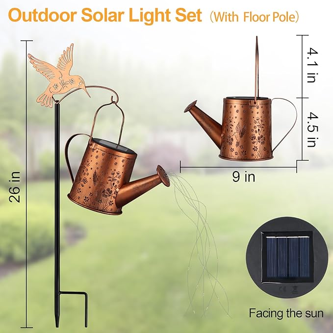Outdoor Hanging Solar Lantern Waterproof Set Outside Metal Openwork Hummingbird Watering can Landscape Lights for Garden Yard Patio Pathway Decor Birthday Gifts for Women Mom Grandma -with Floor Pole