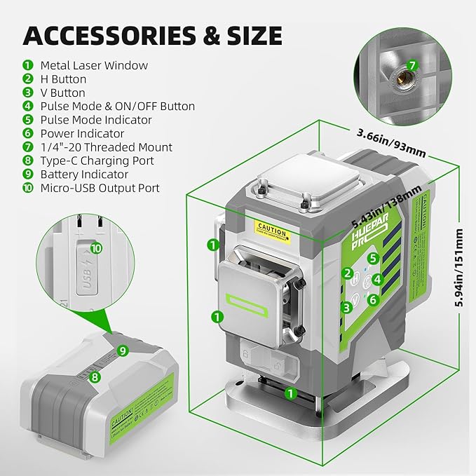 Huepar Pro Laser Level, 3x360° Self Leveling Green Tiling Level Laser Tool, 3D Cross Line Laser Level Tool, High Accuracy Floor Laser with 8000mAh Li-ion Battery, Remote Control & Hard Carry Case