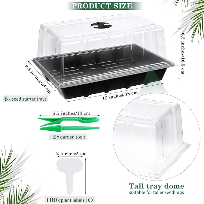 6 Packs Seed Starter Tray Kits with Humidity Dome, Plastic Germination Growing Trays with Plants Labels, Planting Tools for Seeds Growing Starting, Germination and Seedling Propagation