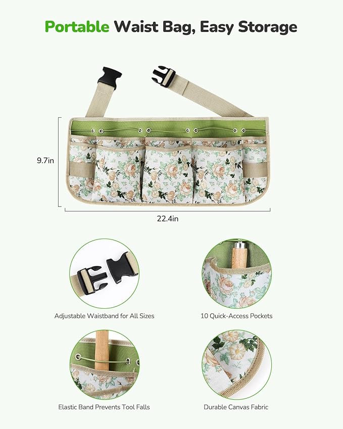 All-in-One Garden Tool Set with Tools Organizer Belt Adjustable, 10-Piece Gardening Hand Tools, Long Lasting Rust-Proof Premium Garden Tool Kit, Gardening Gift for Women Men (Green)