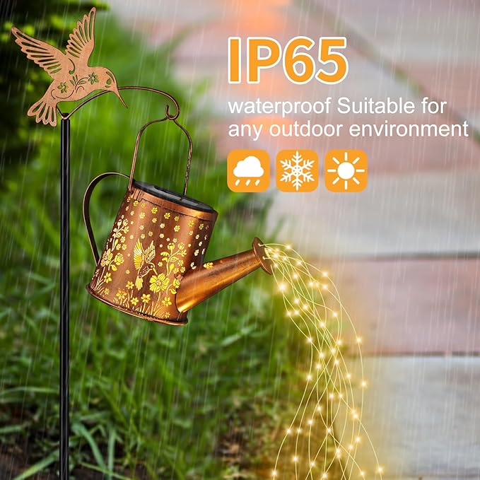 Outdoor Hanging Solar Lantern Waterproof Set Outside Metal Openwork Hummingbird Watering can Landscape Lights for Garden Yard Patio Pathway Decor Birthday Gifts for Women Mom Grandma -with Floor Pole